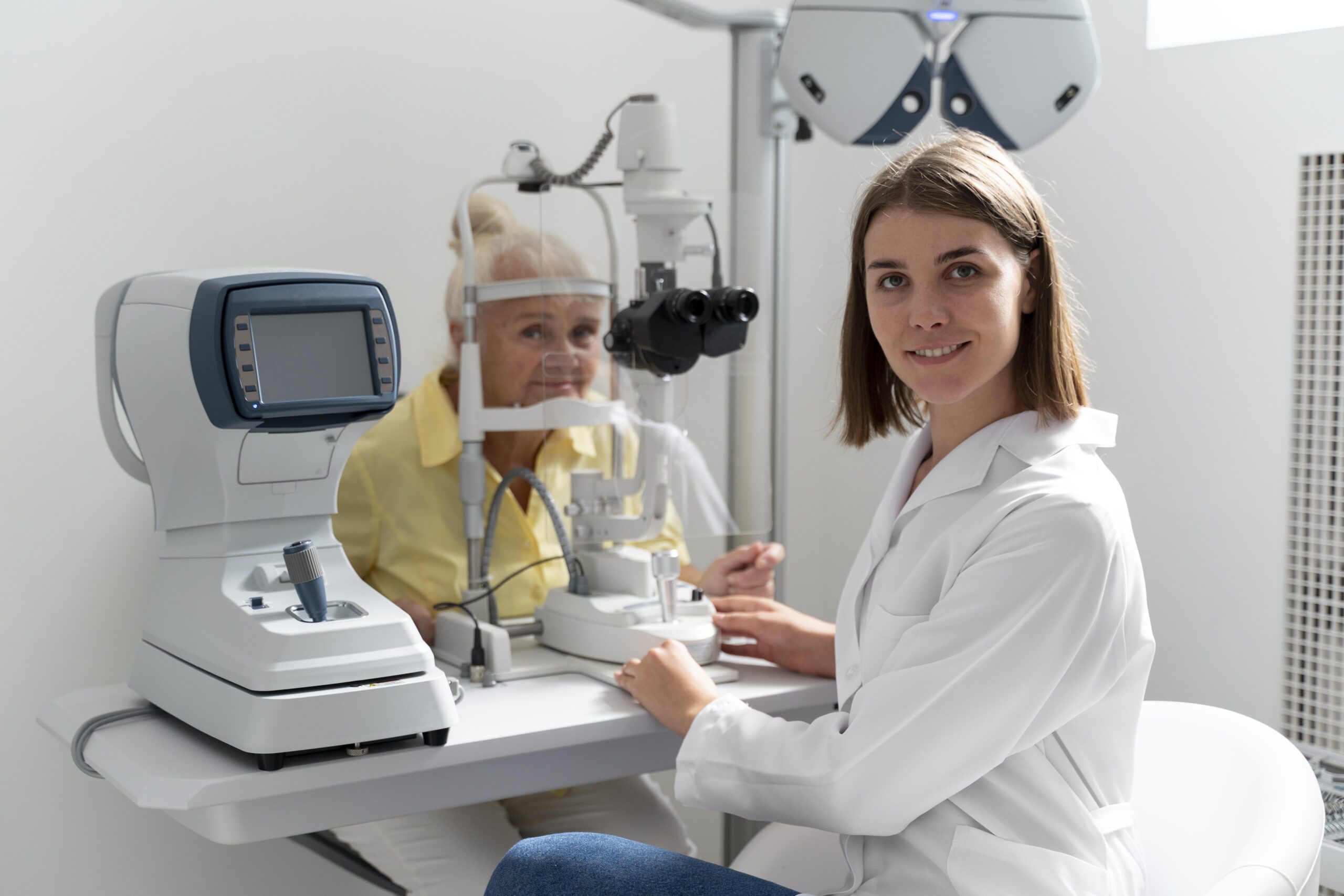 Kobieta przeprowadza profilaktyczne badanie wzroku w salonie optycznym.