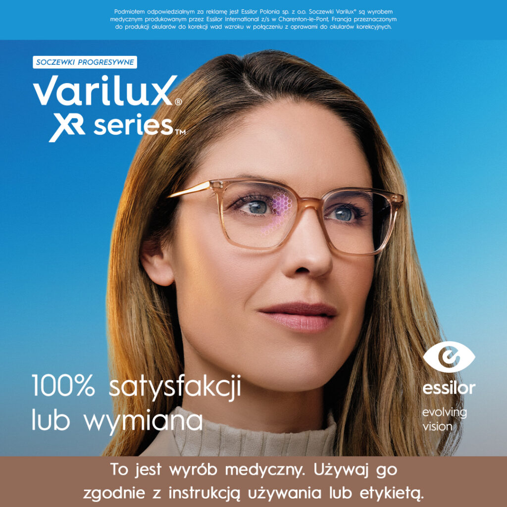 Kobieta w modnych okularach z innowacyjnymi soczewkami progresywnymi Varilux XR series. Baner promujący gwarancję 100% satysfakcji lub wymiany szkieł od firmy Essilor.